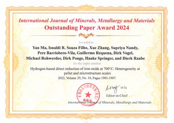 Yan Ma, wissenschaftlicher Gruppenleiter, und seine Co-Autoren Isnaldi Souza Filho, Xue Zhang, Supriya Nandy sowie weitere Wissenschaftler vom Max-Planck-Institut für Nachhaltige Materialien (MPI-SusMat) wurden mit dem Outstanding Paper Award 2024 der Fachzeitschrift International Journal of Minerals, Metallurgy and Materials ausgezeichnet.  Yan Ma, wissenschaftlicher Gruppenleiter, und seine Co-Autoren Isnaldi Souza Filho, Xue Zhang, Supriya Nandy sowie weitere Wissenschaftler vom Max-Planck-Institut für Nachhaltige Materialien (MPI-SusMat) wurden mit dem Outstanding Paper Award 2024 der Fachzeitschrift International Journal of Minerals, Metallurgy and Materials ausgezeichnet.