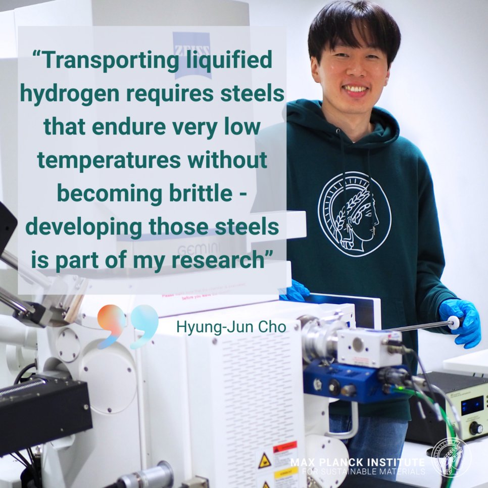 A researcher in casual attire stands beside advanced laboratory equipment. A quote by Hyung-Jun Cho discusses steel development for hydrogen transport, highlighting the need for materials that endure low temperatures without becoming brittle.