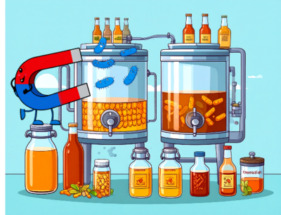 Fermentation tanks with cartoon magnet attracting blue bacteria, surrounded by various sauce bottles.