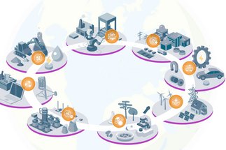 Platforms with symbols from industry and research arranged in a circle