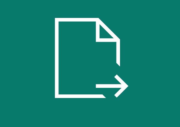 White document icon with a corner fold and an arrow pointing right, symbolizing file export on a teal background.
