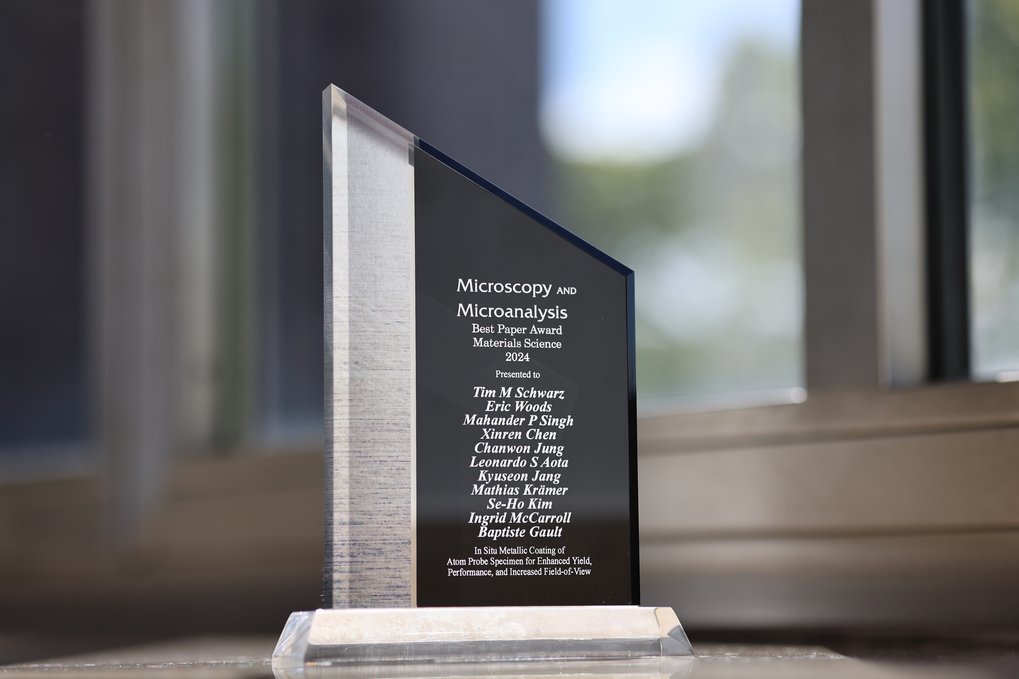Glass award plaque for Best Paper Award 2024 in Materials Science by Microscopy and Microanalysis.