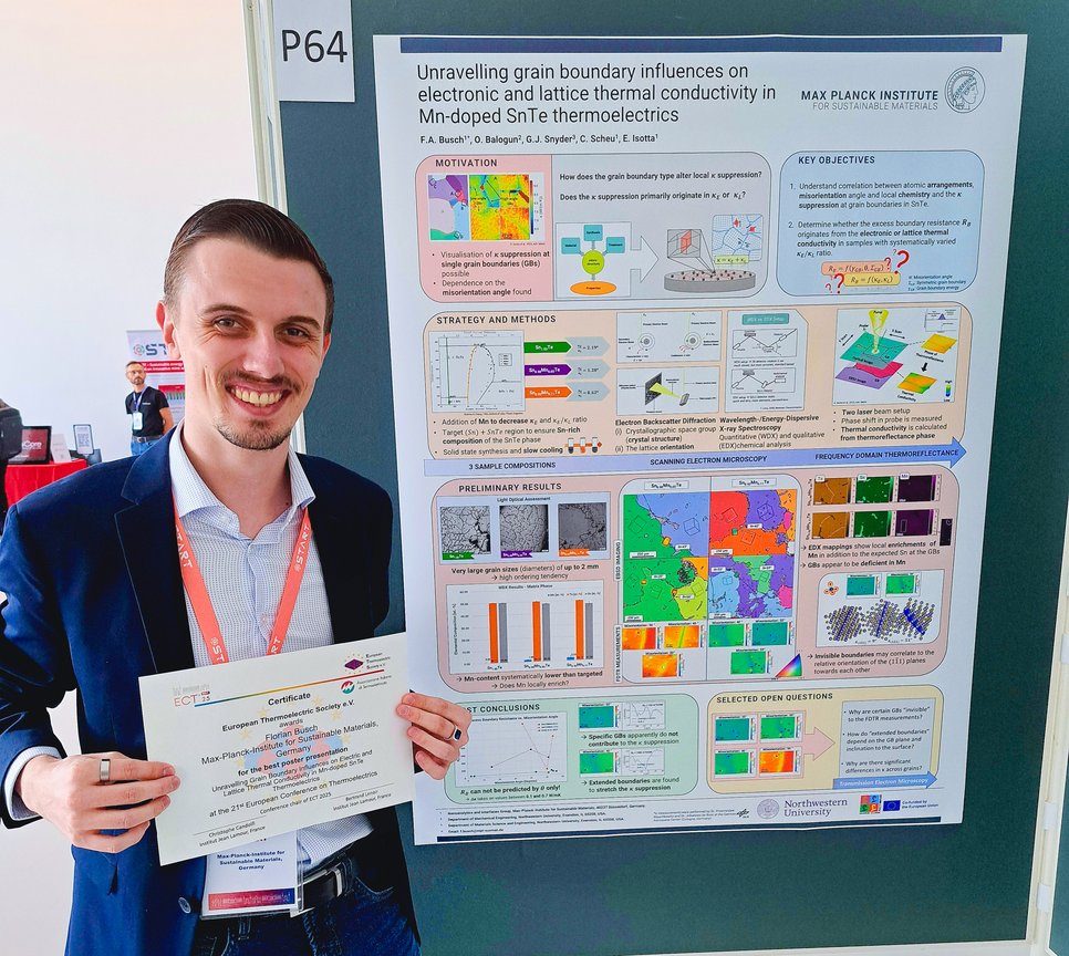 Person steht neben einem wissenschaftlichem Poster über Thermoelektrika.