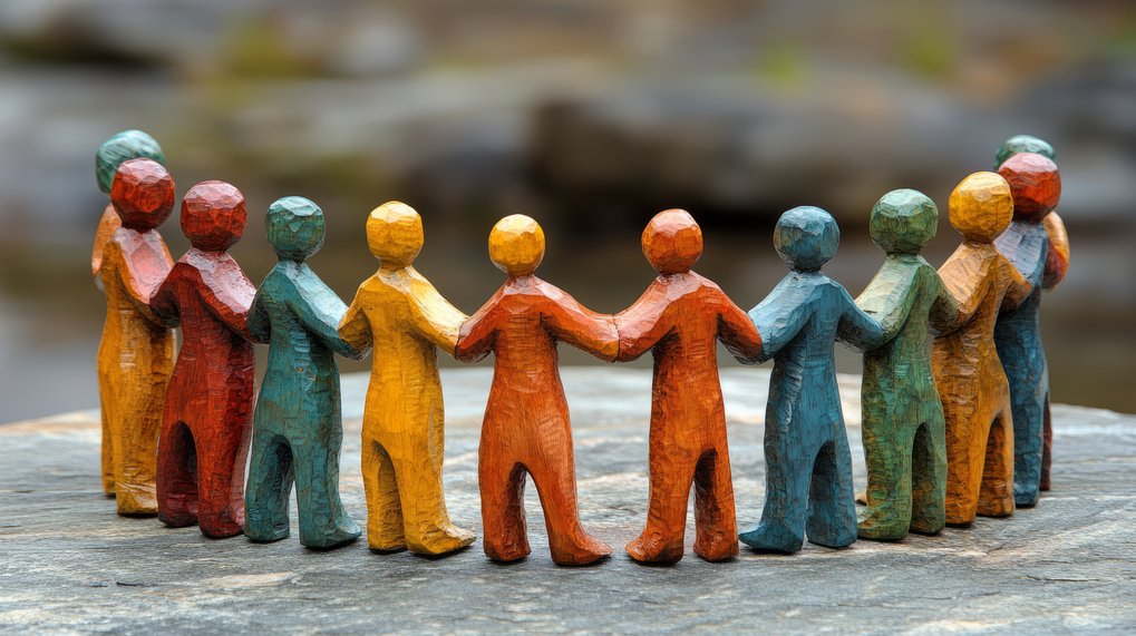 Colorful wooden figures form a circle, symbolizing unity and teamwork.