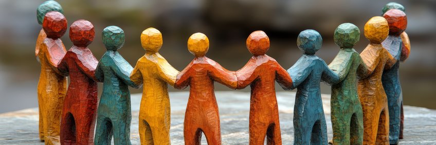 Work Council Colorful wooden figures form a circle, symbolizing unity and teamwork.