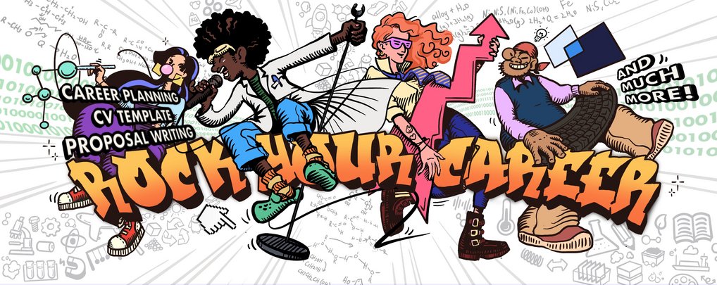 Stylized figures with colorful outfits and dynamic poses, with text promoting career planning and CV templates.