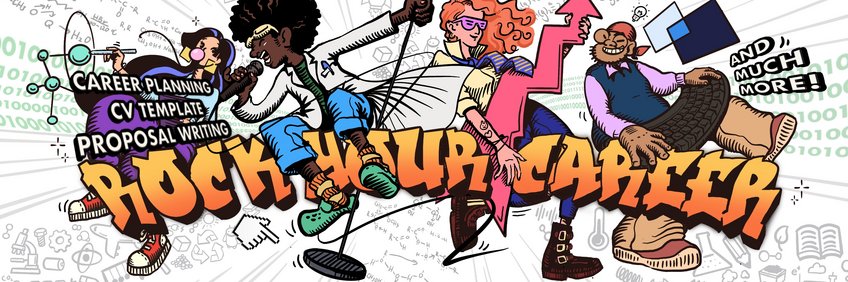 Career Consulting Stylized figures with colorful outfits and dynamic poses, with text promoting career planning and CV templates.