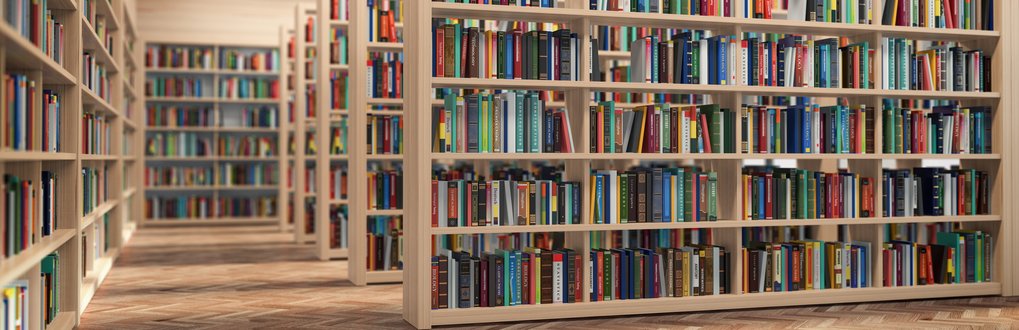 Publications Book shelves in a library.