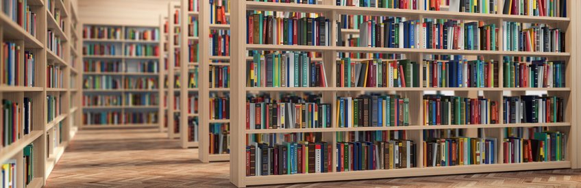 Publications Book shelves in a library.