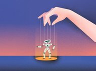 Eine Hand steuert einen Roboter wie eine Marionette vor einem farbigen Hintergrund.