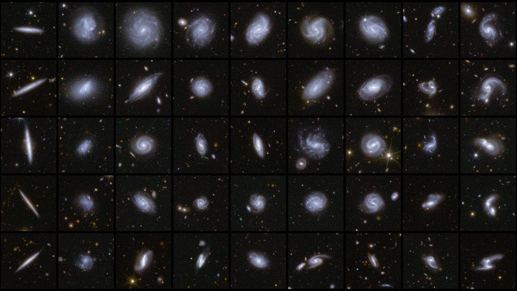 The image shows a grid of spiral galaxies, which appear in different sizes and shapes. Each galaxy is surrounded by a dark background and contains various spiral patterns.