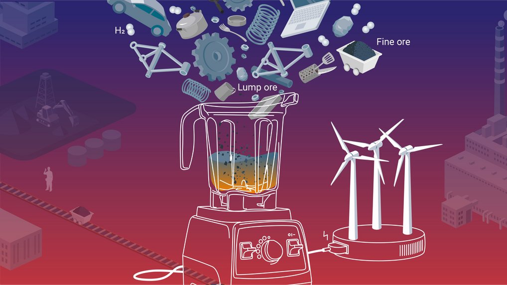 Illustration of a blender mixing metallic components like ore, gears, a laptop, a fork, a car. The blender is fueled by wind turbines.