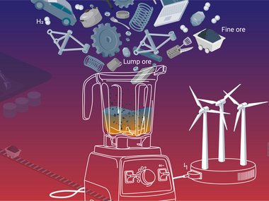 Illustration of a blender mixing metallic components like ore, gears, a laptop, a fork, a car. The blender is fueled by wind turbines.