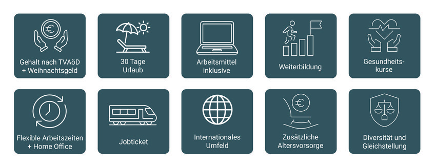 Symbole für Gehalt, Urlaub, Arbeitsmittel, Weiterbildung, Gesundheitskurse, flexible Arbeitszeiten, Jobticket, internationales Umfeld, Altersvorsorge, Diversität.