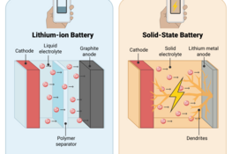 Illustration comparing lithium-ion and solid-state batteries.