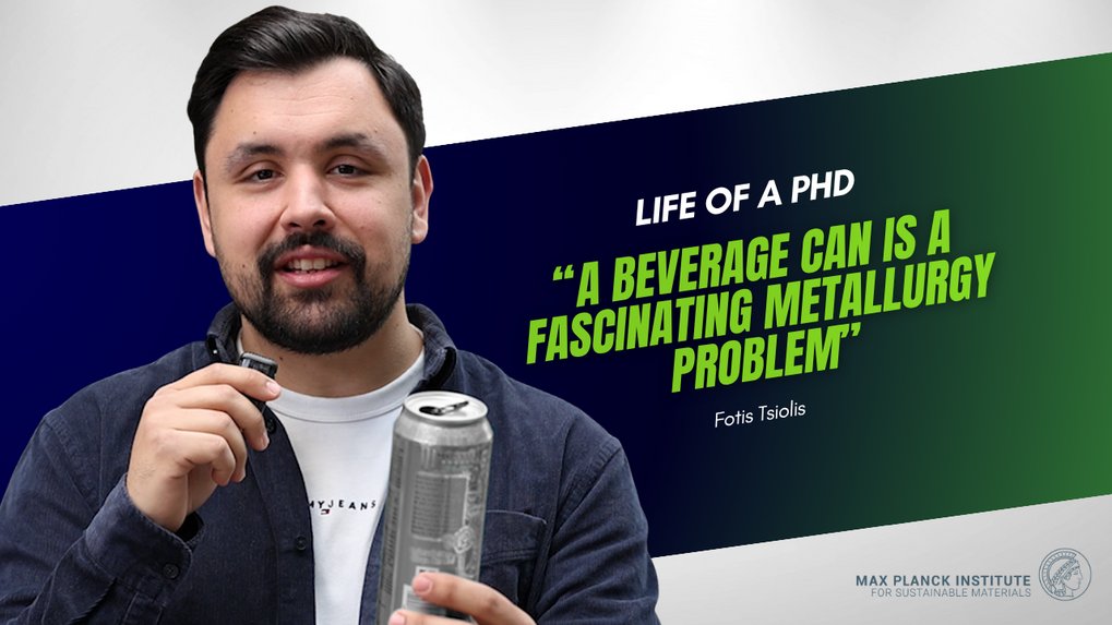 Man holding a mic and a beverage can. Next to him a quote that beverage can production is a fascinating metallurgy problem.