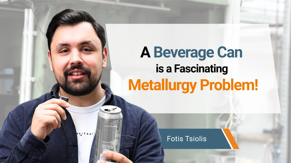 Mann hält Mikrofon und Getränkedose. Daneben ein Zitat,dass die Getränkedosenproduktion ein faszinierendes metallurgisches Problem ist.