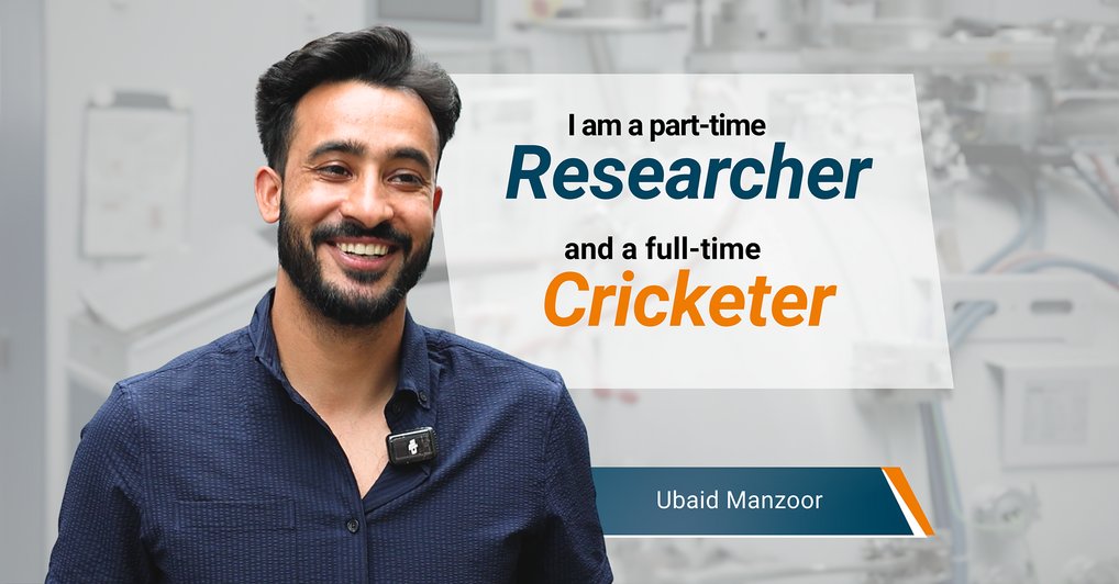 Porträt eines lächelnden Mannes mit Text über seine Tätigkeit als Teilzeitforscher und Vollzeit-Cricketspieler.