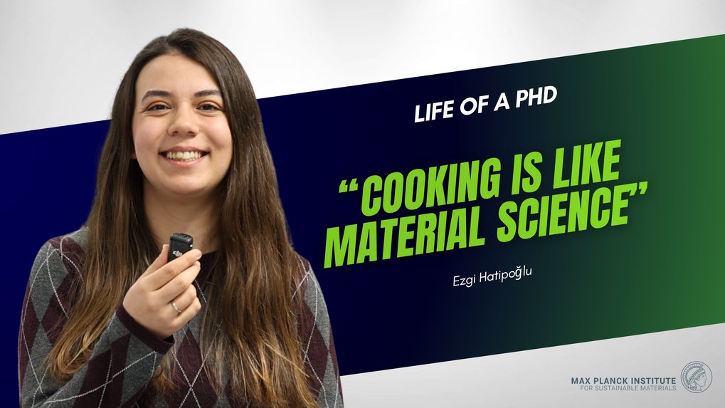 Woman holding a microphone with the quote "Cooking is like material science" by Ezgi Hatipoğlu.