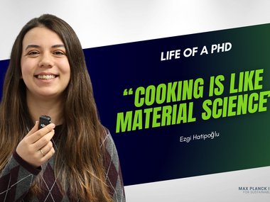 Woman holding a microphone with the quote "Cooking is like material science" by Ezgi Hatipoğlu.