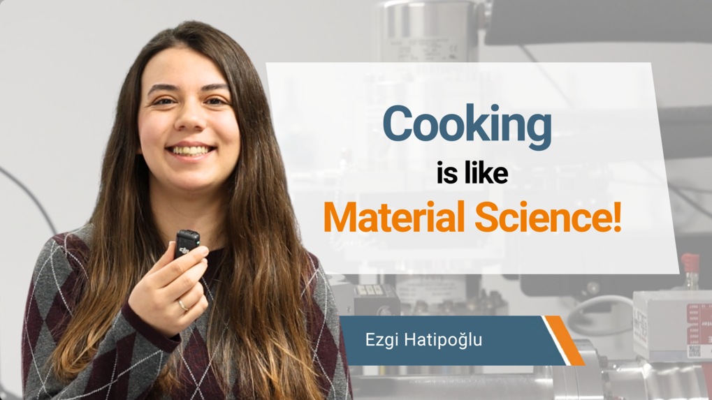 Frau hält ein Mikrofon. Neben ihr ein Zitat, dass Kochen wie Materialwissenschaften ist.