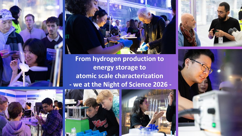 Compilation of photos showing persons who explain and persons who look at scientific devices.