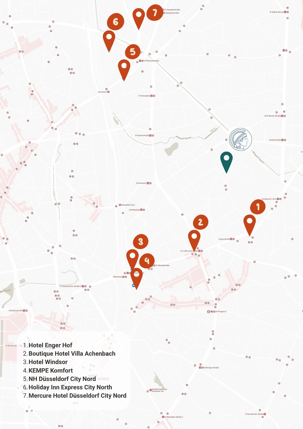 Map with marked hotels that are located close to the Max Planck Institute for Sustainable Materials.