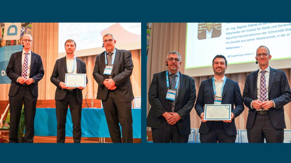 Two photos showing men in suits. Two of them are holding award certificates.