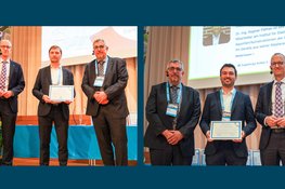 Two photos showing men in suits. Two of them are holding award certificates.