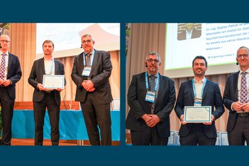 Two photos showing men in suits. Two of them are holding award certificates.